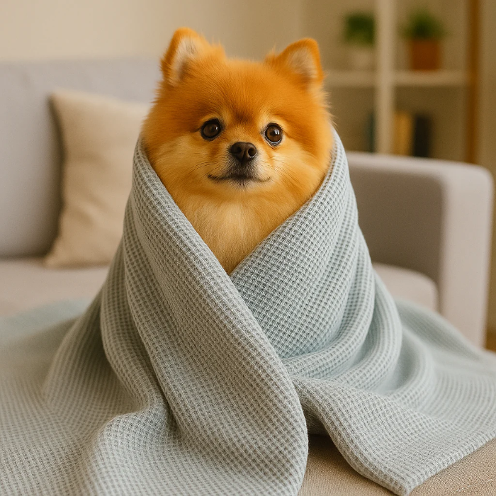 Dog in blanket amouve
