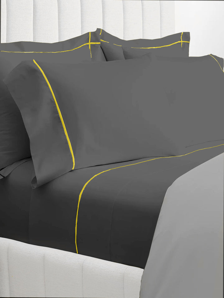 Drap de Lit Brodé - Gris Pierre & Ocre Jaune